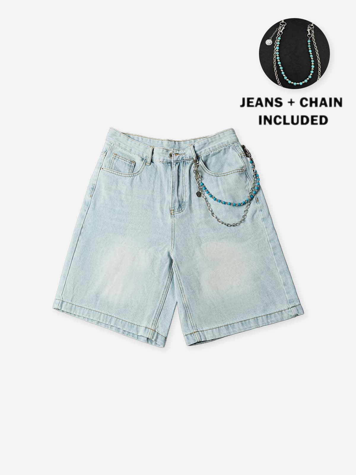 NOISSEY Ocean Chain Vintage Wash Boxy Denim Shorts - Arctic Blue