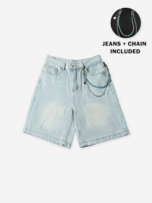 NOISSEY Ocean Chain Vintage Wash Boxy Denim Shorts - Arctic Blue