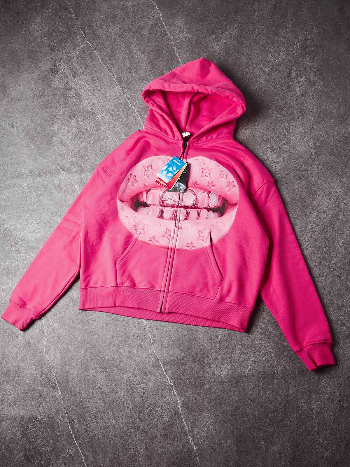 NOISSEY Pink "Leather Cat's Eye" Grillz Zip-Up print Hoodie
