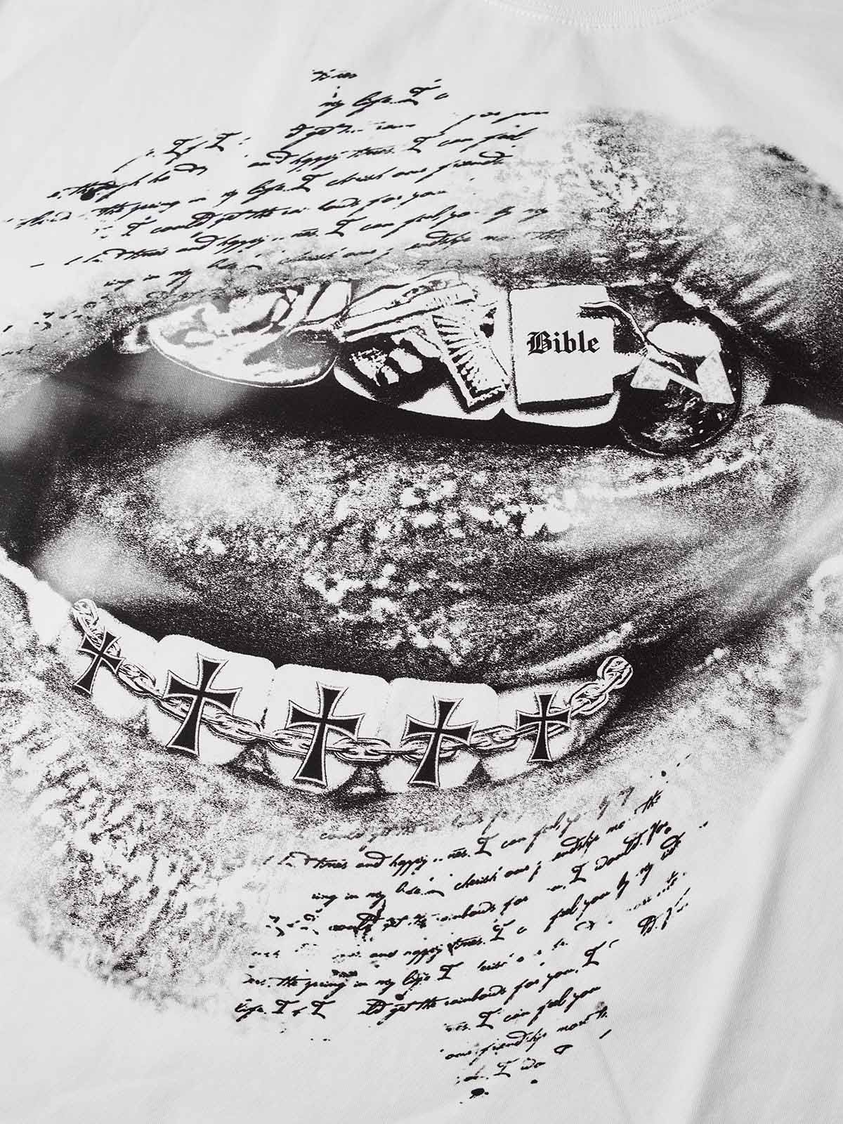 NOISSEY "Sacred Desires" Cross Grillz & Bible Lip Art Boxy Tee - Pure White