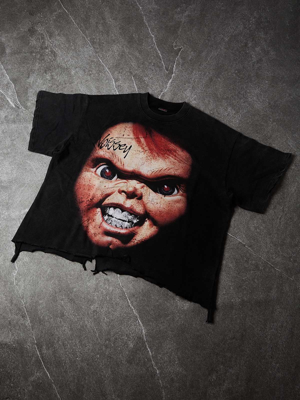 NOISSEY Chucky Vintage Distressed Boxy Hem Graphic Art Tee - Faded Black
