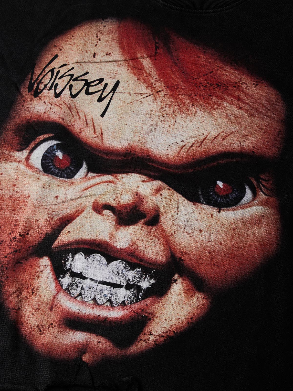 NOISSEY Chucky Vintage Distressed Boxy Hem Graphic Art Tee - Faded Black
