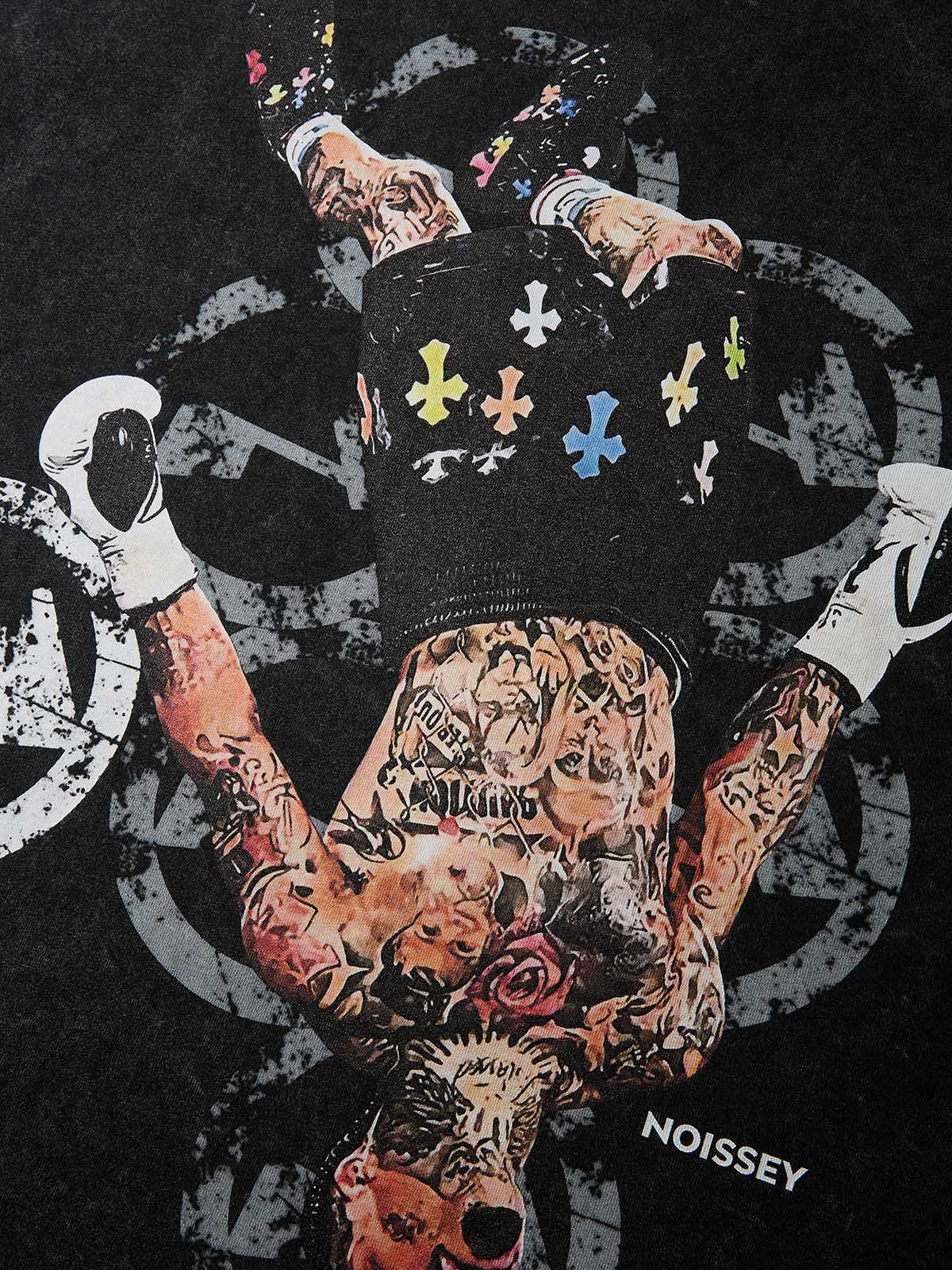 Close-up of MMA fighter graphic wearing shorts with colorful chrome cross patterns