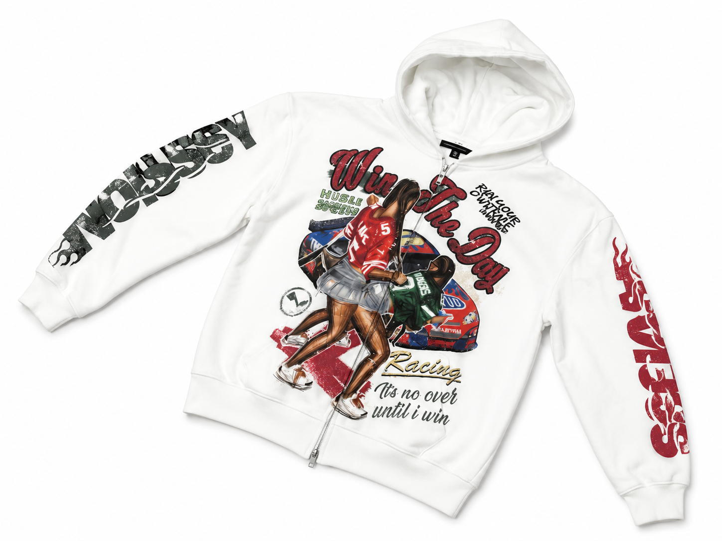NOISSEY ""Win the Day" Racing Culture Figure Graphic Zip Up Hoodie - Cloud White