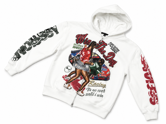 NOISSEY ""Win the Day" Racing Culture Figure Graphic Zip Up Hoodie - Cloud White