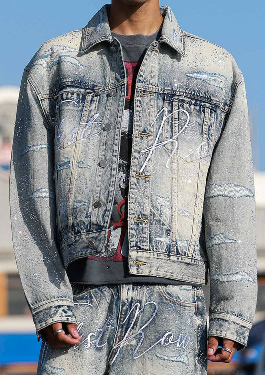 First Row Cropped Denim Jacket Rhinestone “Blue”