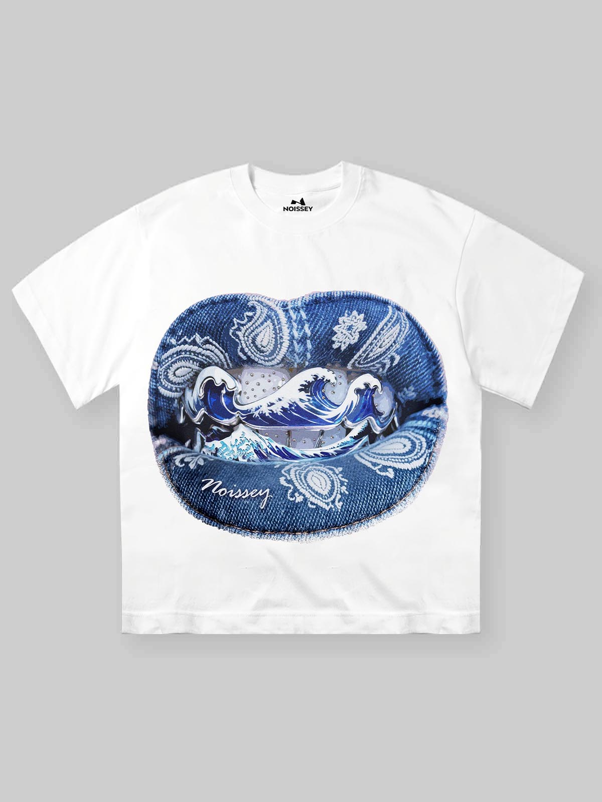 Front-facing studio shot of the Denim Blue Ukiyo-e Grillz Art Print T-shirt on a clean white background.