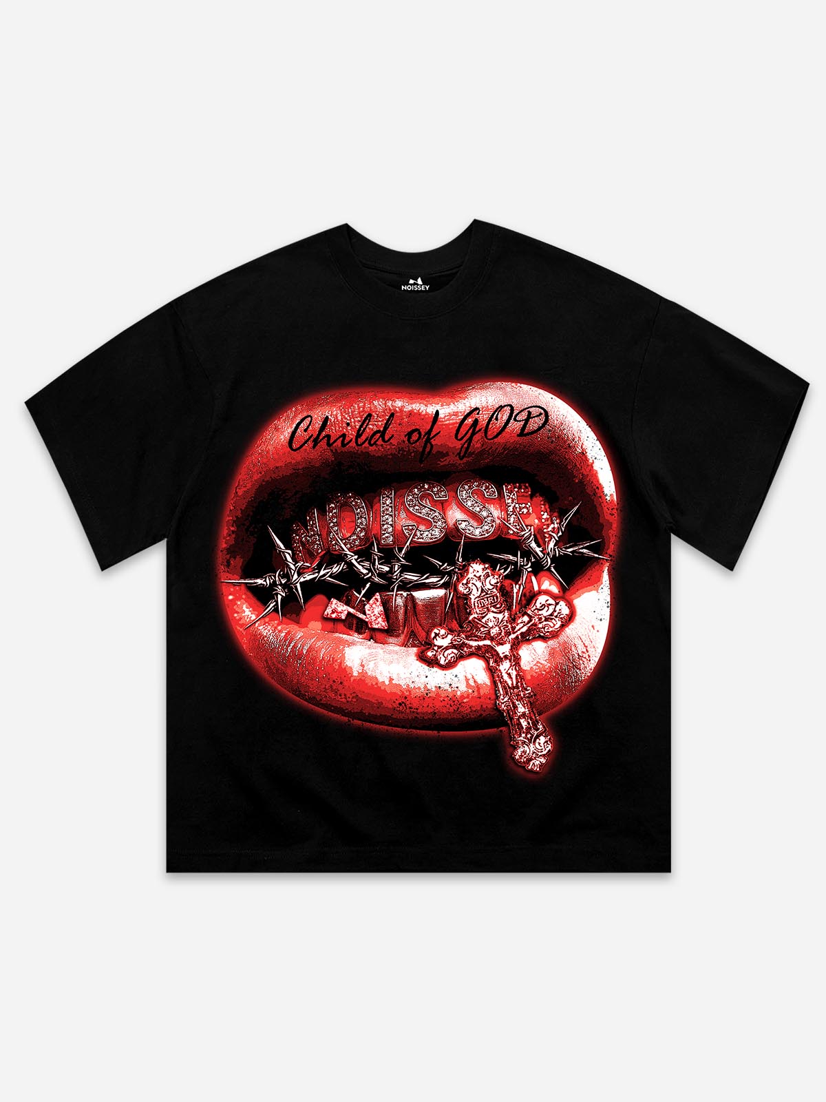 Front view of a phantom black heavyweight oversized T-shirt featuring a large graphic of glowing red lips, iced-out grills spelling "NOISSEY," and a barbed wire cross.
