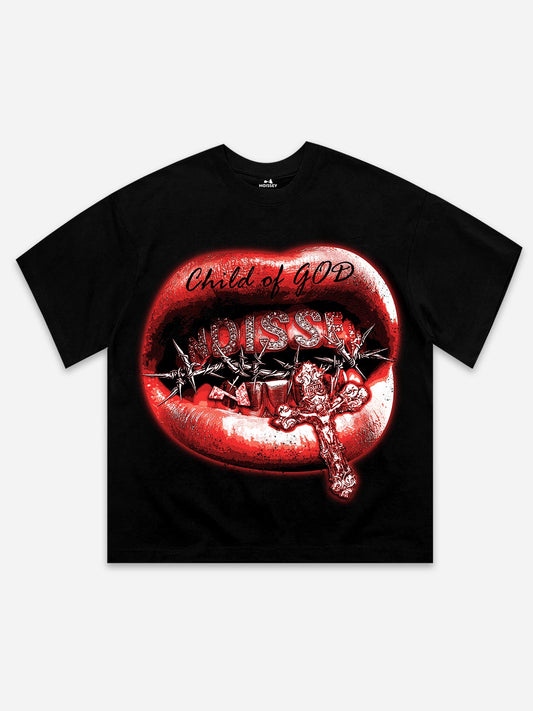 Front view of a phantom black heavyweight oversized T-shirt featuring a large graphic of glowing red lips, iced-out grills spelling "NOISSEY," and a barbed wire cross.