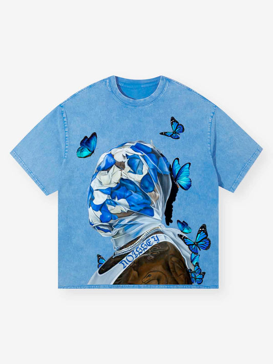 Noisey blue butterfly art veil washed print