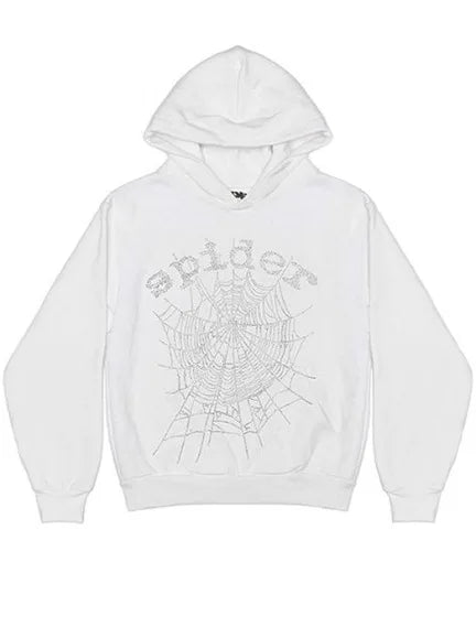 Sp5der OG Rhinestone Logo Hoodie White