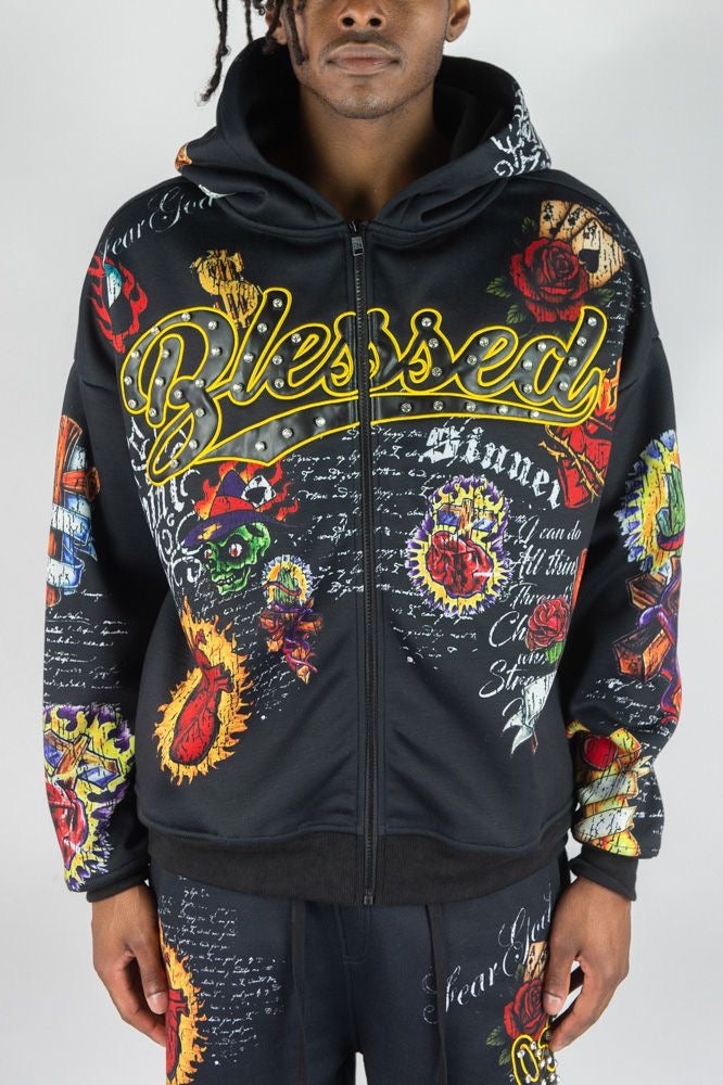 Blessed AOP FZ hoodie - 1163-319 - black
