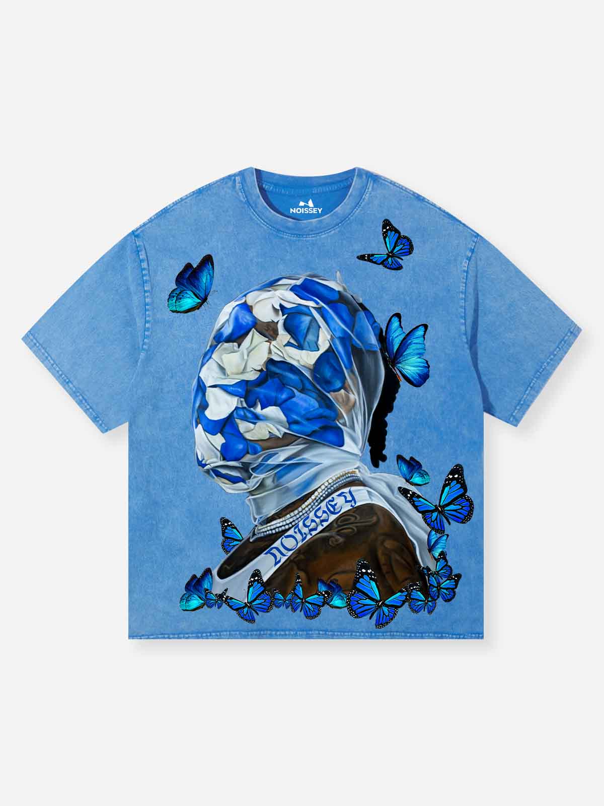 Blue butterfly art veil washed printed T-shirt
