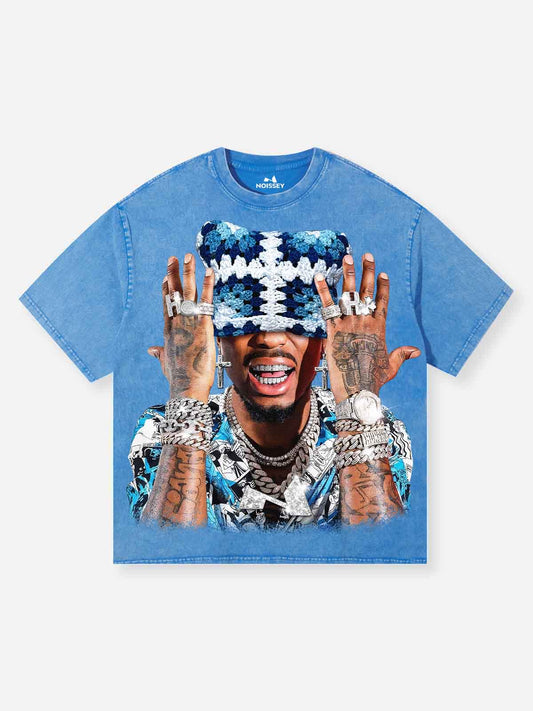 Rap Star Cat with Cat Ears Blue Washed Print T-Shirt