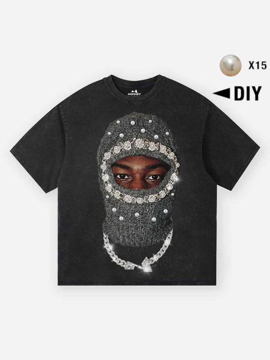 High Quality Diamond Pearl Balaclava Print 300g T-shirt
