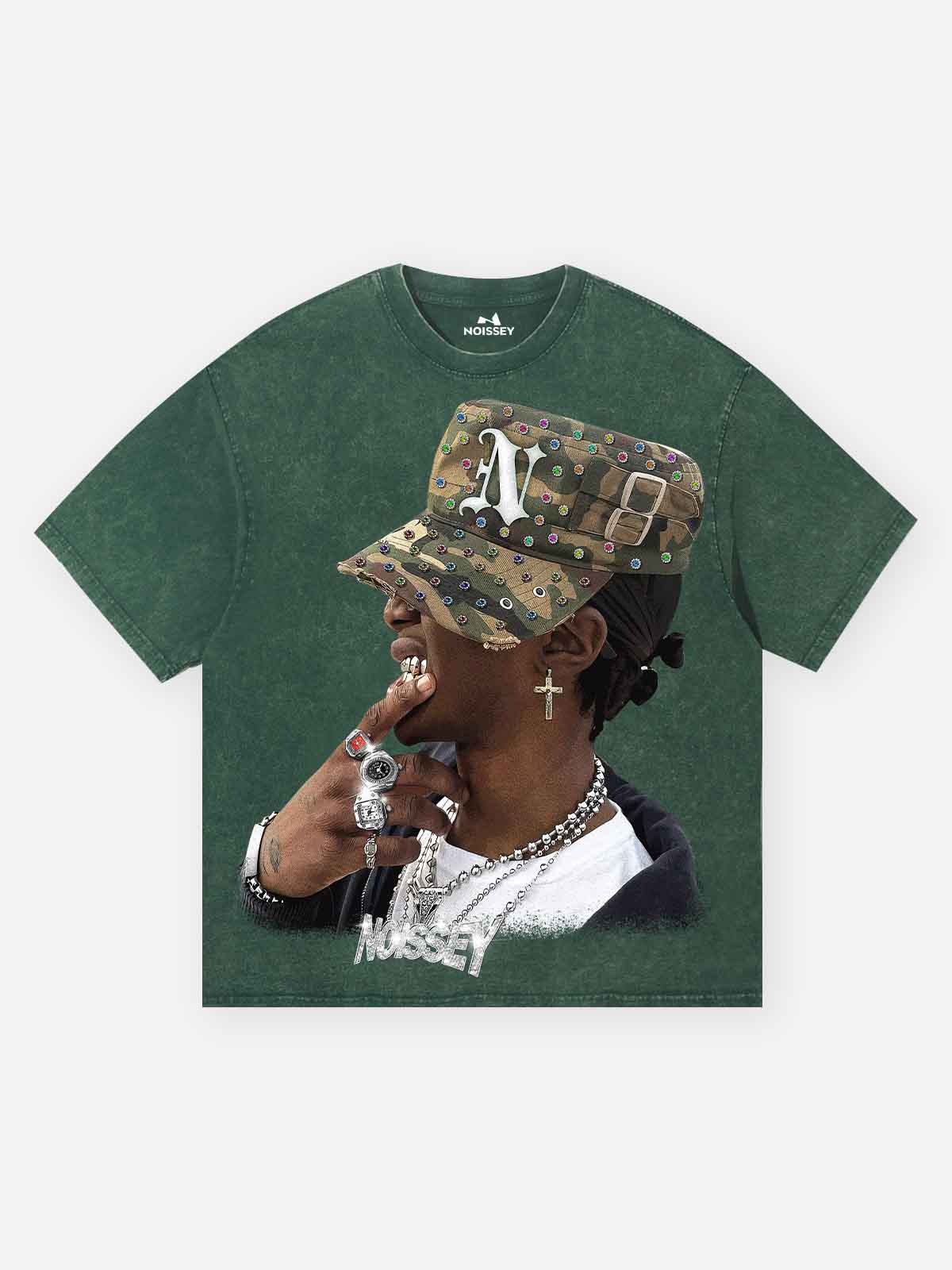 Camo Military Cap Character Green Washed Print T-shirt