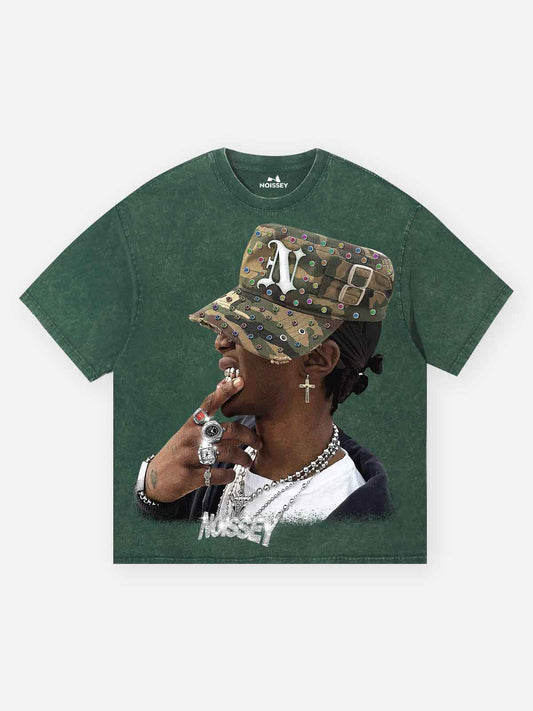 Camo Military Cap Character Green Washed Print T-shirt