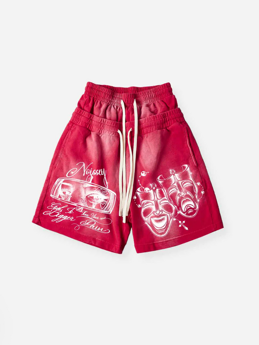 NOISSEY Drama Mask Double-Waist Gradient Crimson Shorts - Vintage Red