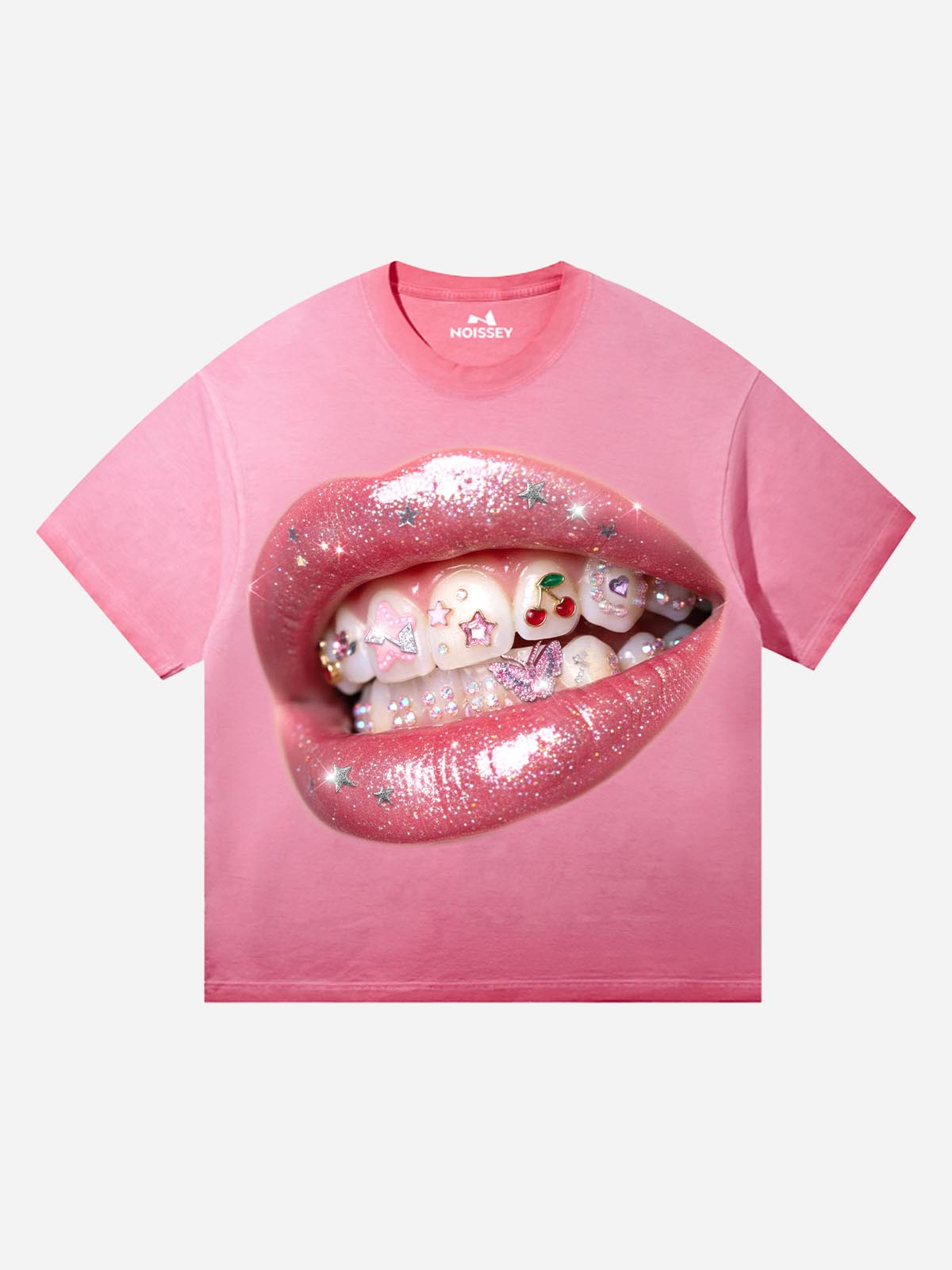 NOISSEY Pink Gloss & Grills t-shirt featuring a large graphic of sparkling pink lips with rhinestone tooth charms on a washed pink fabric.