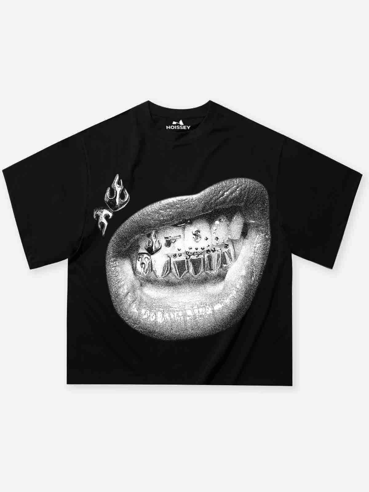 NOISSEY black cooling boxy tee featuring gun and dice grillz graphic