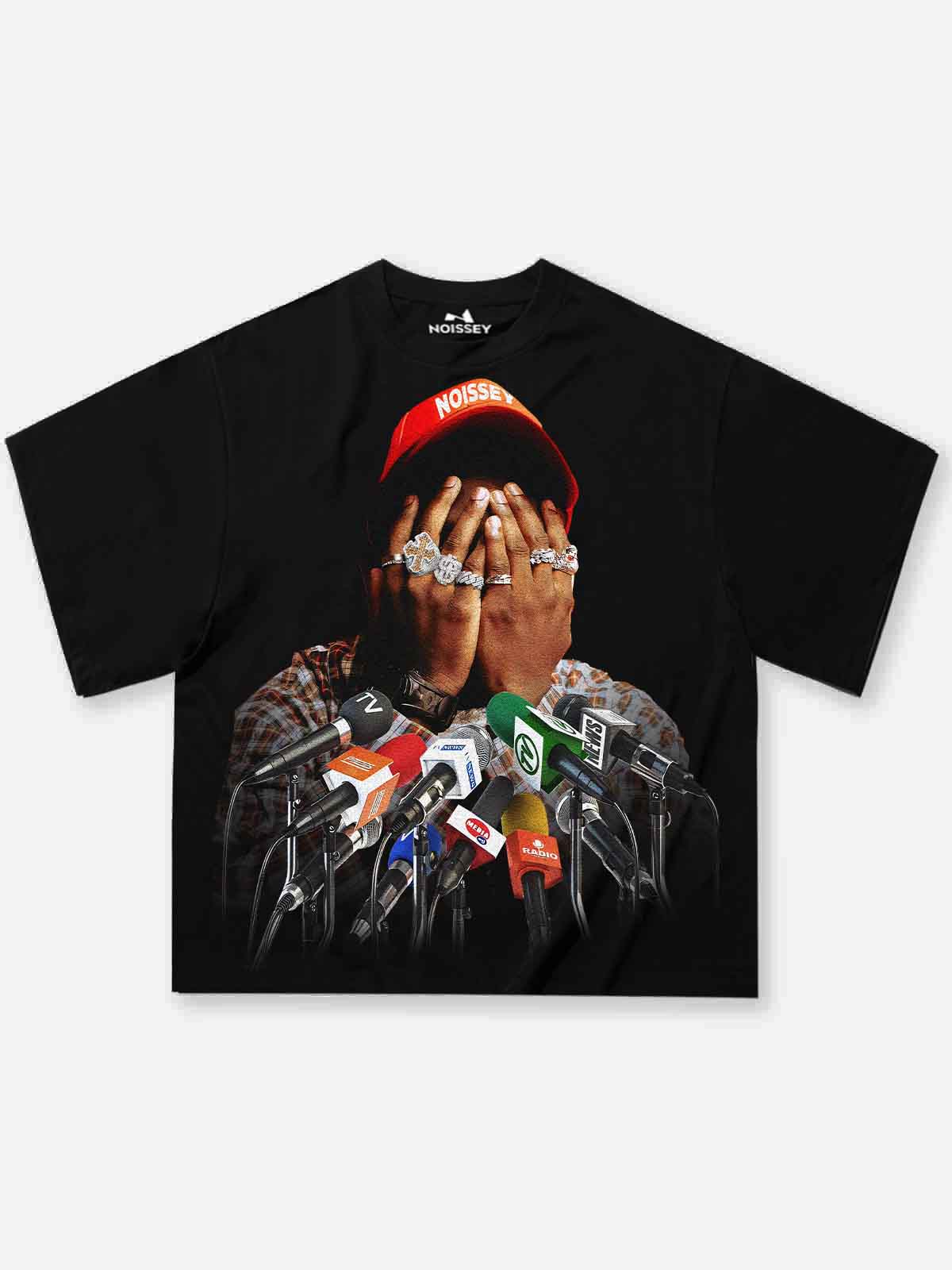 NOISSEY black cooling t-shirt featuring paparazzi microphone press conference graphic