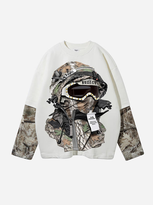 NOISSEY luxury streetwear long sleeve shirt with a large balaclava and goggles graphic on a Real Tree camouflage background.
