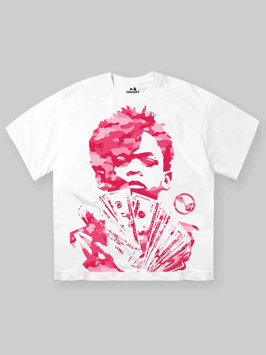NOISSEY white cooling t-shirt featuring pink camo portrait holding money stack