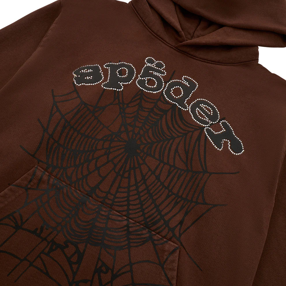 Sp5der Hoodie Brown Rhinestone