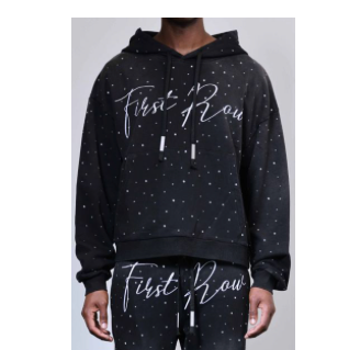 First Row Heavy Washed Cropped Rhinestone Hoodie “Black”