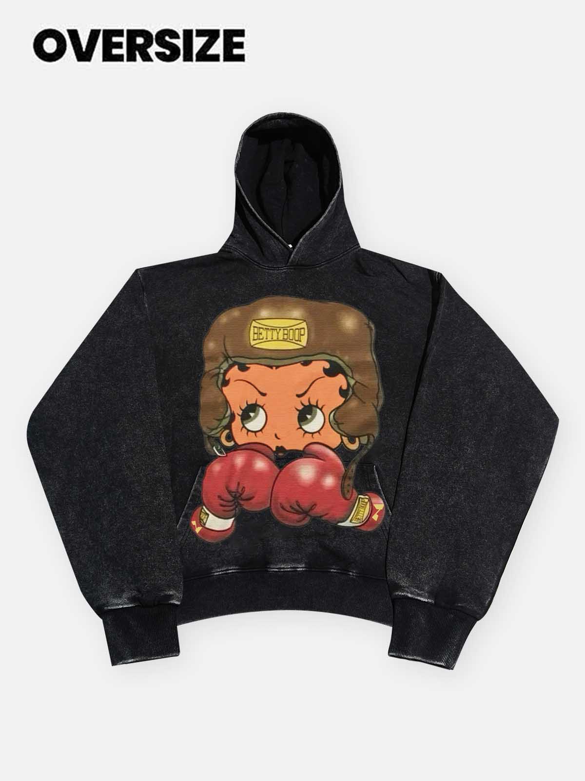 High quality Cartoon girl Boxing Print 425g Hoodie