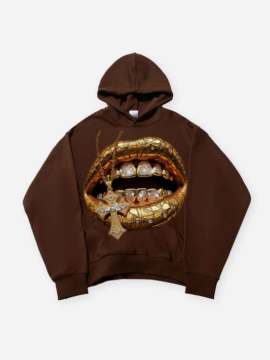 Desert Gold Art Diamond Lips Print Thin Hoodie
