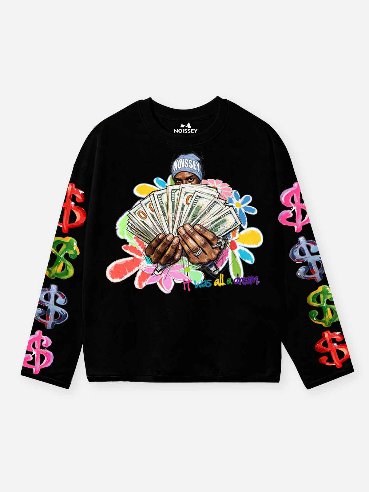 A black long-sleeve crewneck sweatshirt by HONESTY, featuring a colorful graphic of a person holding a fan of cash surrounded by flowers on the chest, with neon dollar sign motifs down both sleeves.