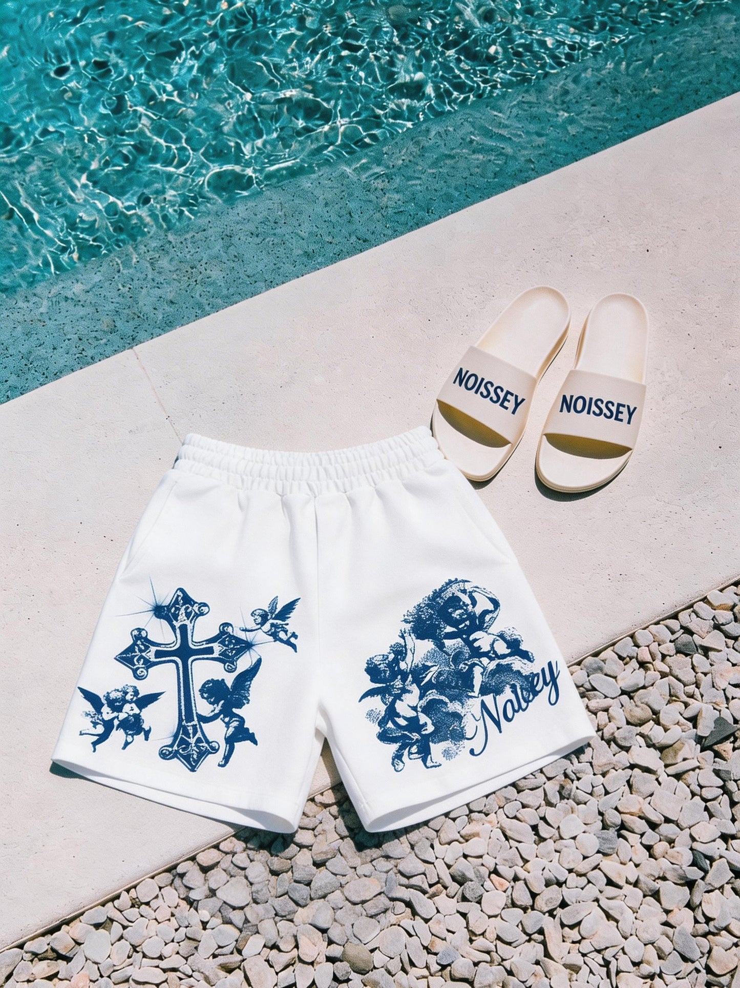 NOISSEY "Blue Angel" Cross & Cherub Graphic Heavyweight Slim-Fit Shorts - Pure White