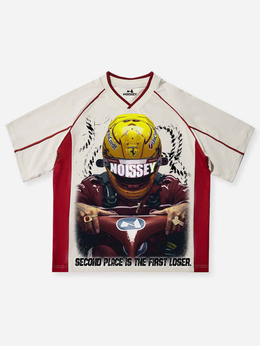 Speeding racing character print Preppy-style T-shirt