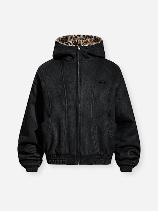 Leopard-Print Cotton-Padded Jacket with Cat Ears