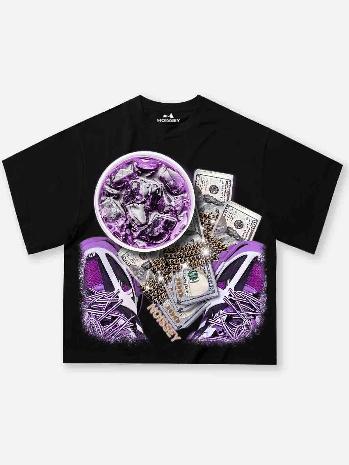 Boxy oversized T-shirt with looking down at my money and drink print