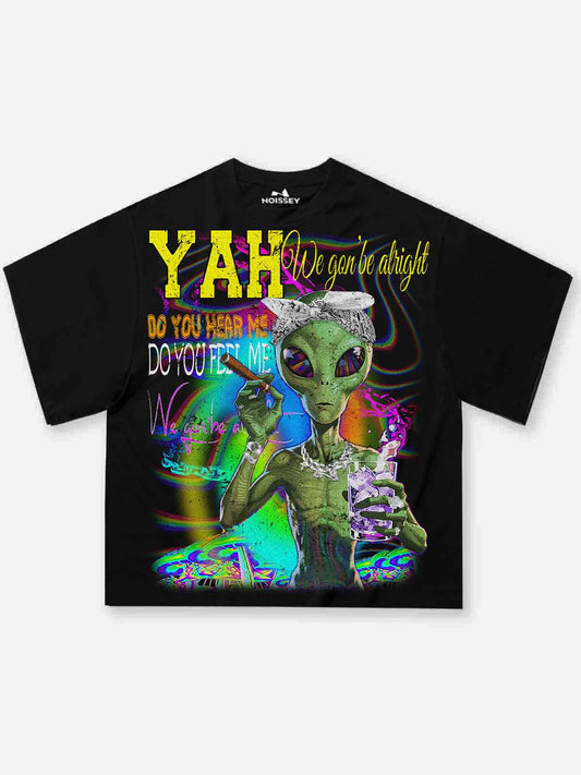 Boxy Oversized T-shirt with "YAH！We gon' be alright" Print