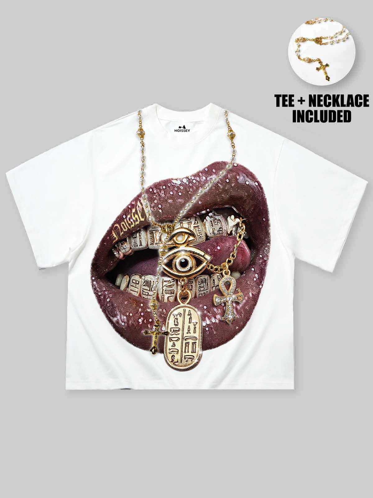 NOISSEY "The Golden Oracle" Wet-Gloss Lips Pharaonic Hieroglyphic Grills Oversized Tee