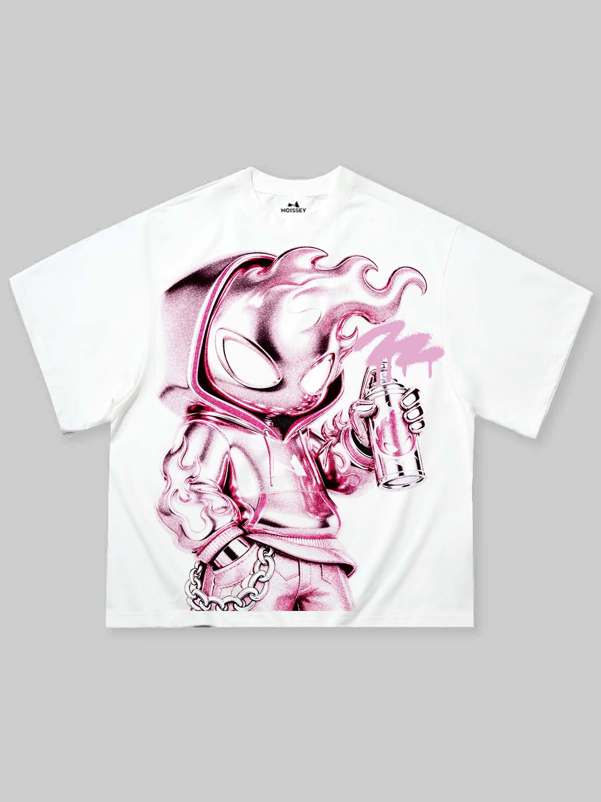NOISSEY "Metallic Spray" Chrome Fire Man Character Boxy Tee - White