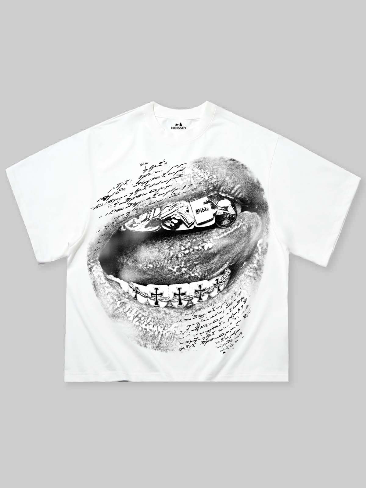 NOISSEY "Sacred Desires" Cross Grillz & Bible Lip Art Boxy Tee - Pure White