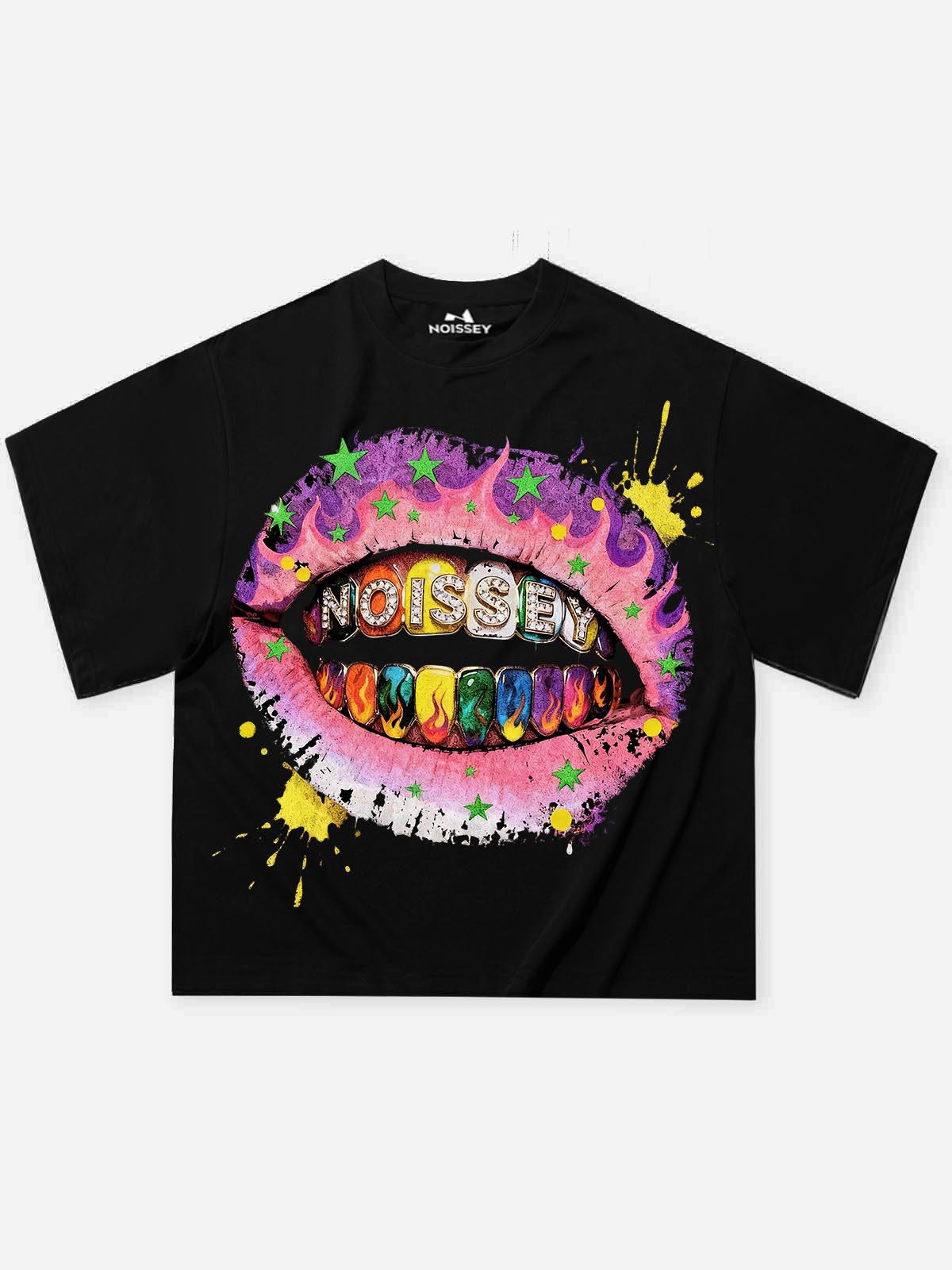 NOISSEY "Rainbow Flame Lips" Tee - Jet Black Boxy Street Graffiti T-Shirt