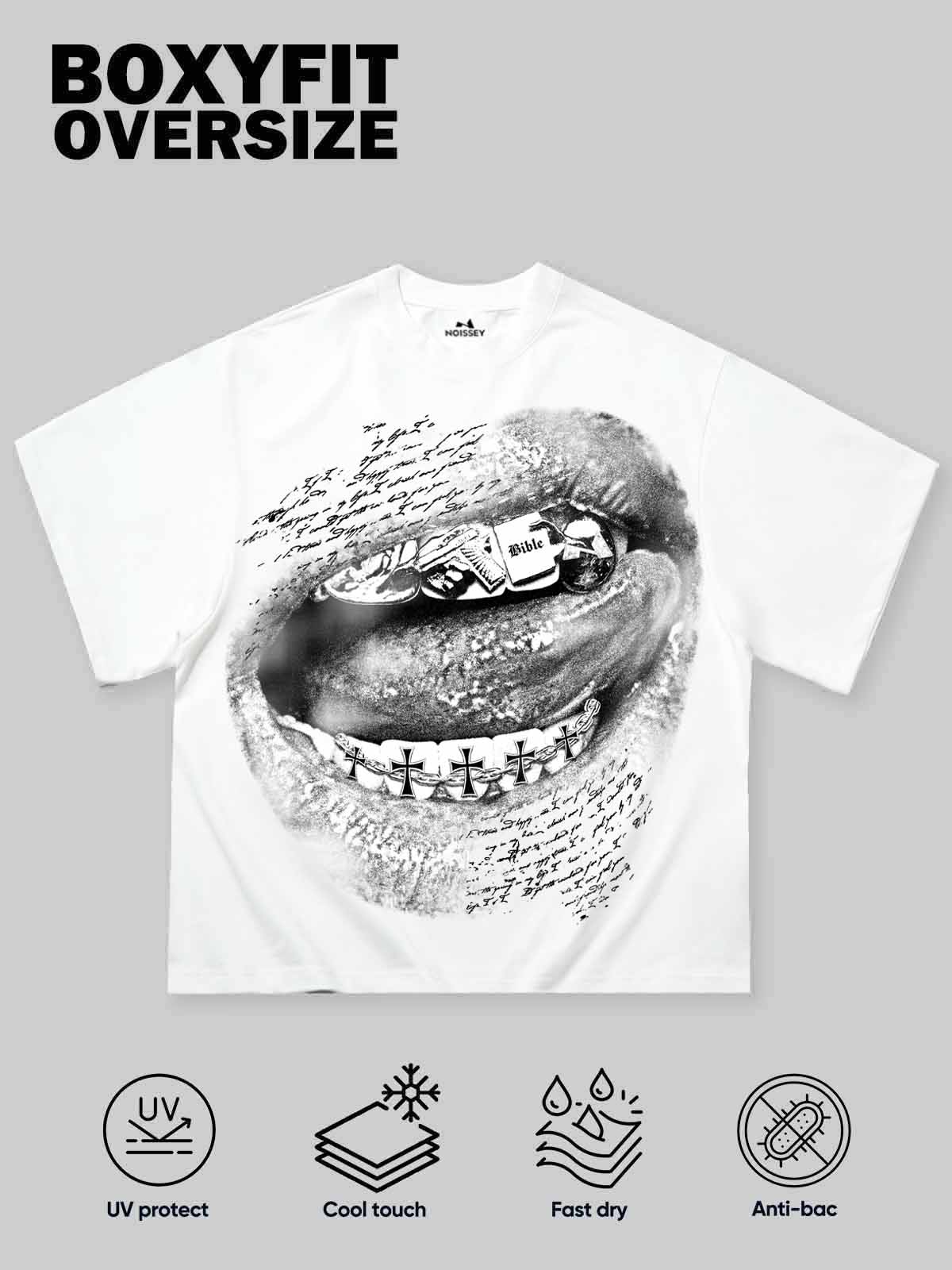 NOISSEY "Sacred Desires" Cross Grillz & Bible Lip Art Boxy Tee - Pure White