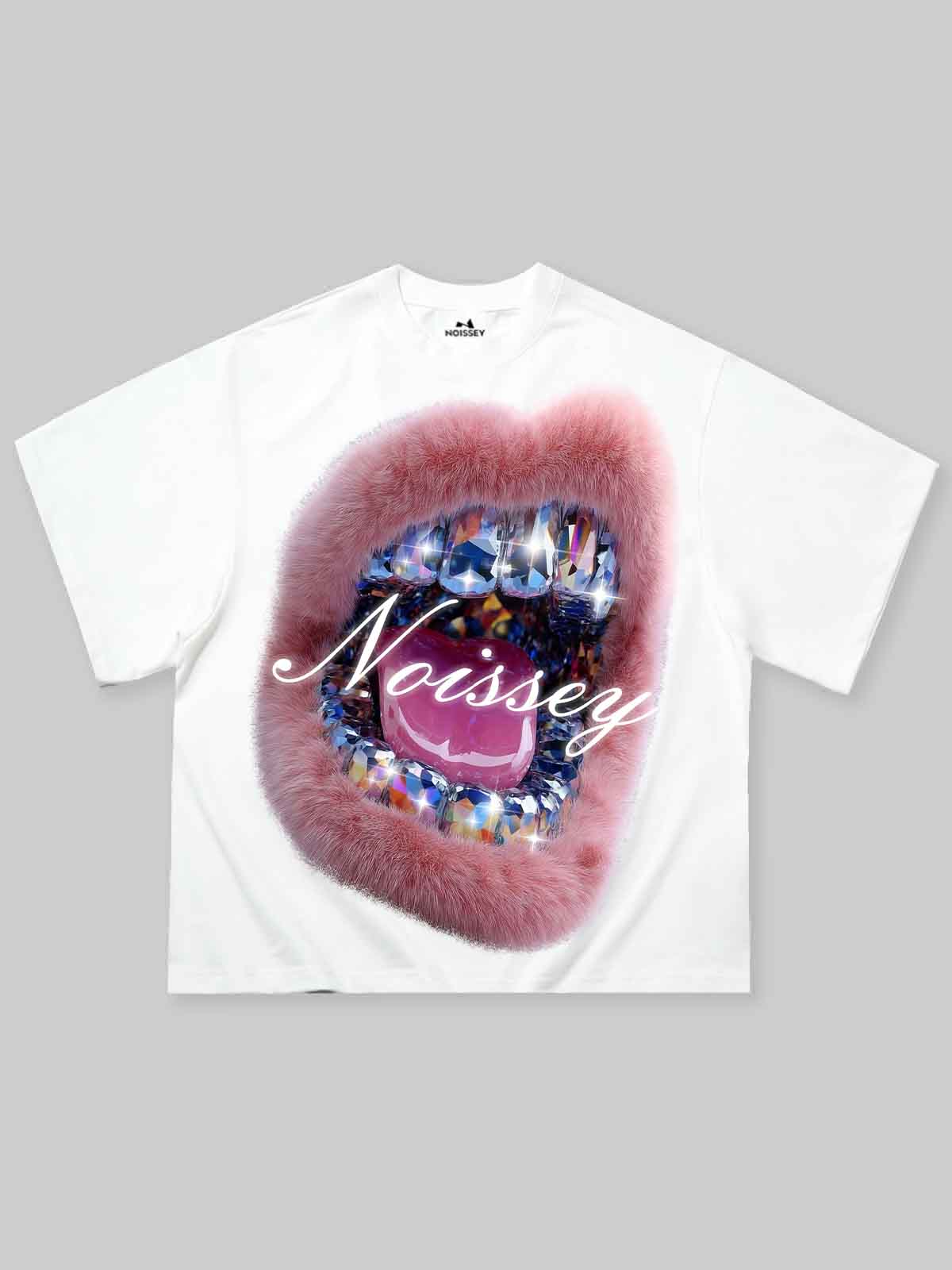 Boxy Oversized T-Shirt with Artistic Diamond Plush Lip Print