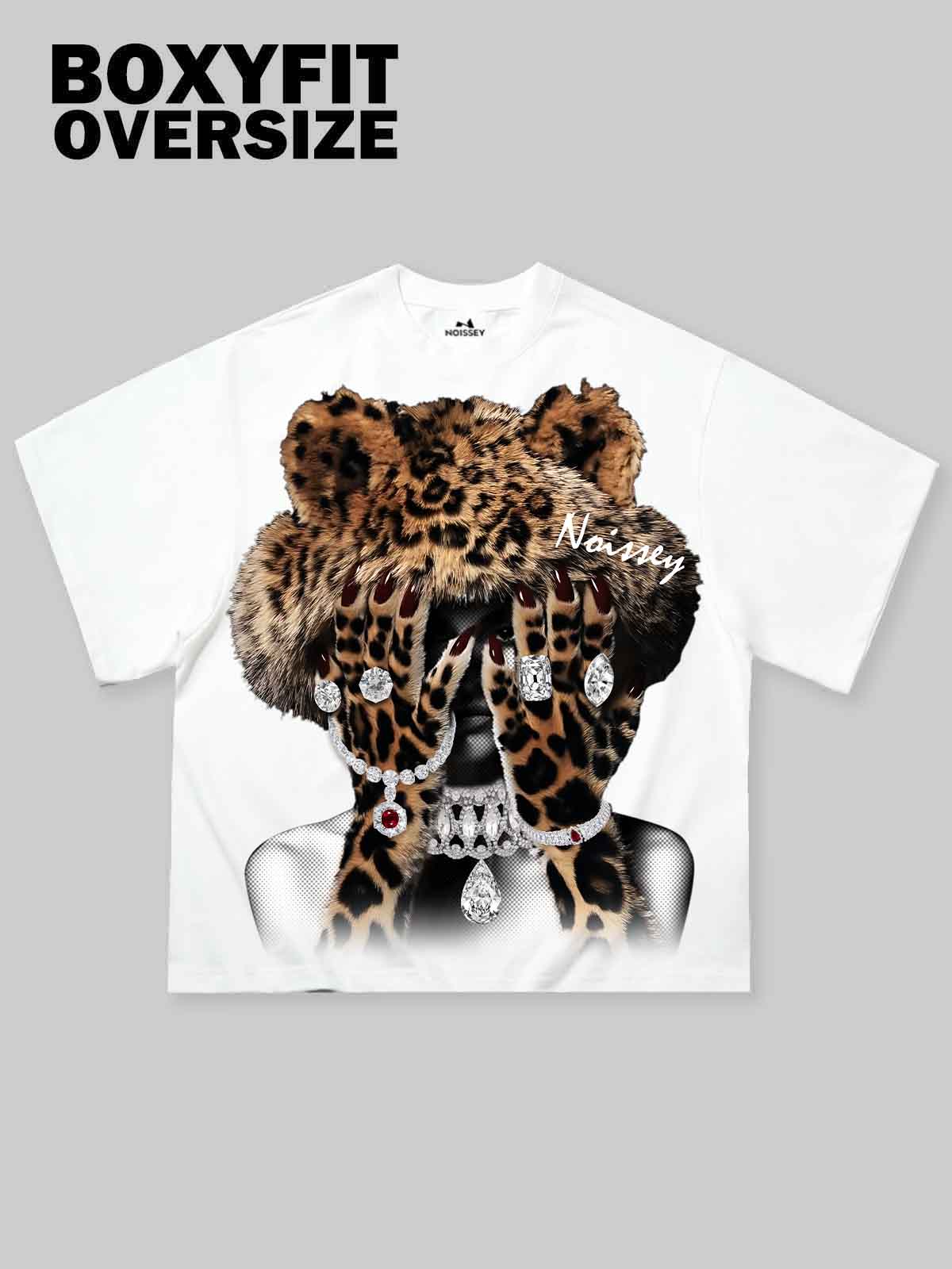 Boxy oversized T-shirt Leopard Girl and Her Diamond Jewelry Print