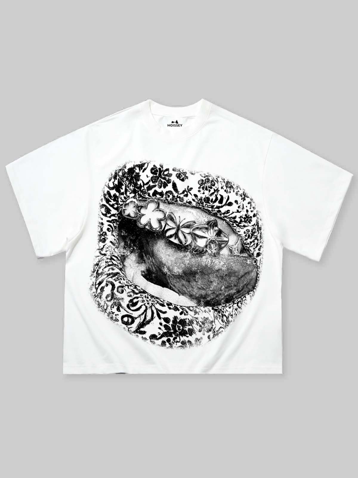 NOISSEY Floral Sketch Lips Metallic Grillz Short Sleeve T-Shirt - White