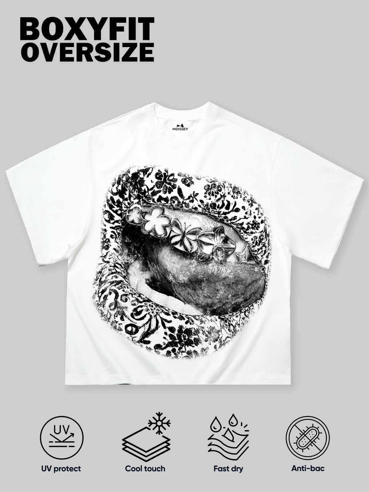 NOISSEY Floral Sketch Lips Metallic Grillz Short Sleeve T-Shirt - White