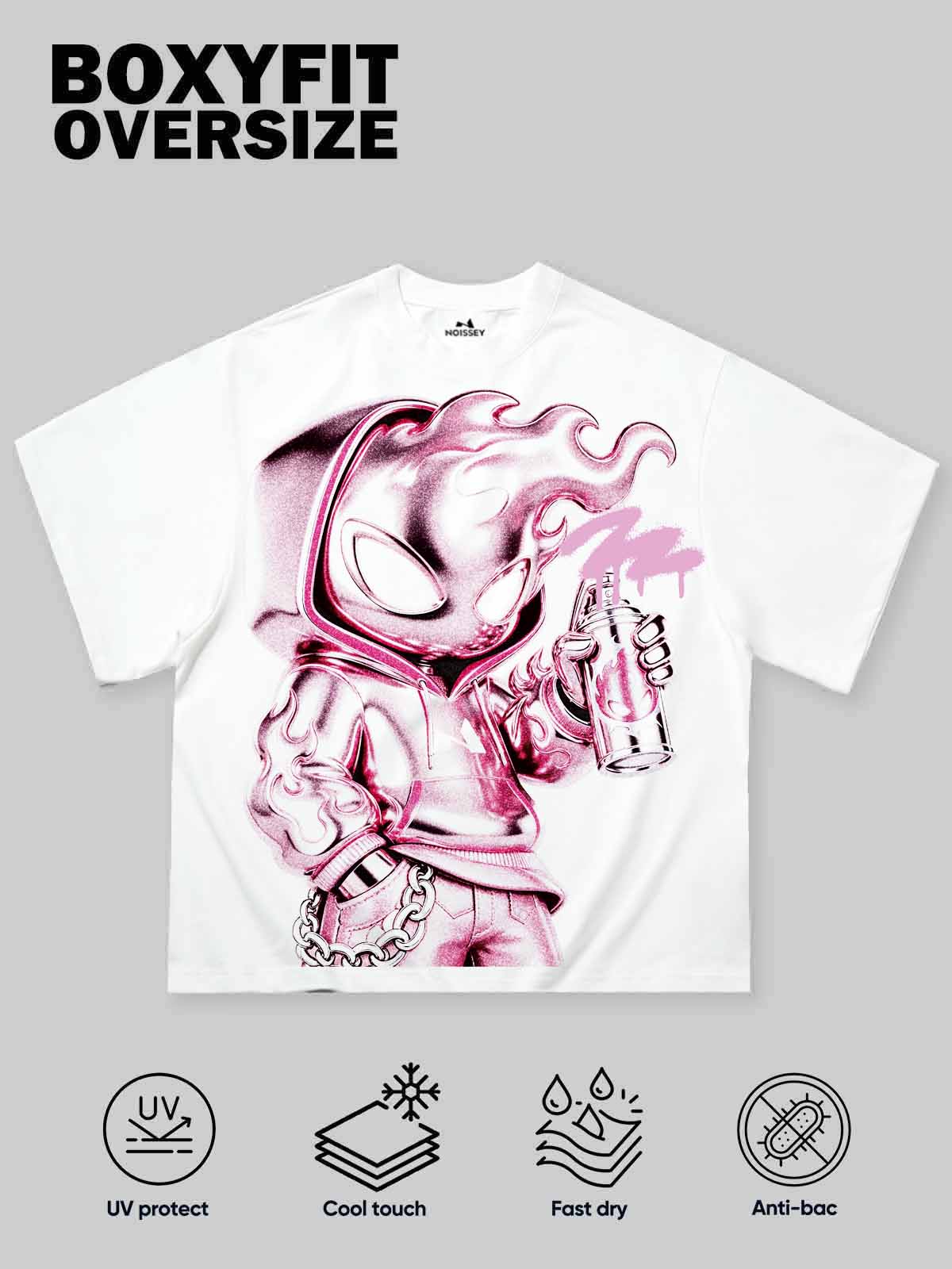 NOISSEY "Metallic Spray" Chrome Fire Man Character Boxy Tee - White