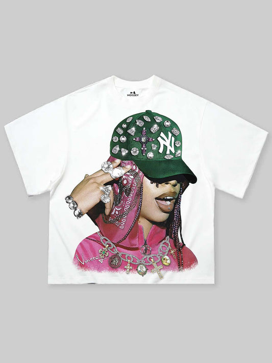 Boxy oversized T-shirt with Diamond Hat and Headscarf Vintage Figure Print