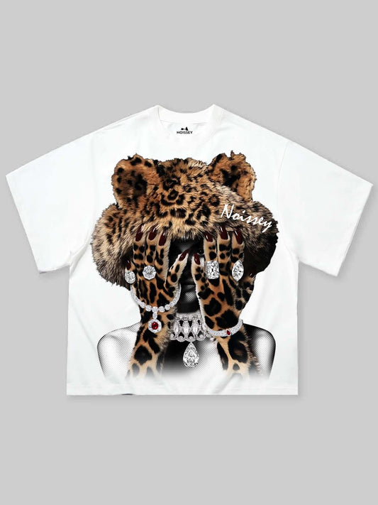 Boxy oversized T-shirt Leopard Girl and Her Diamond Jewelry Print