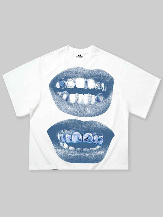 Boxy oversized T-shirt Retro Blue Lips Grills Print